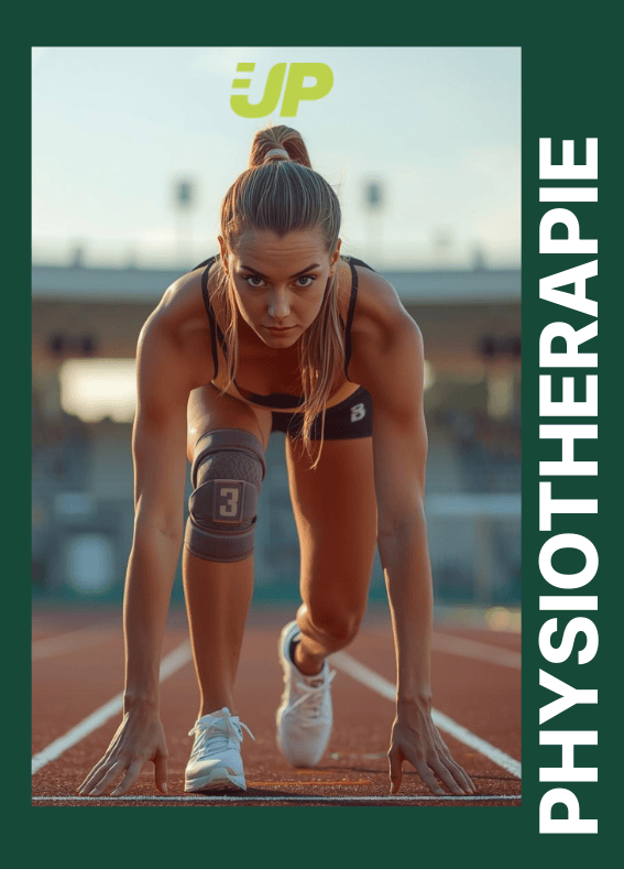 Eine Läuferin steht am Start einer Rennbahn. Sie trägt eine Bandage am rechten Knie.